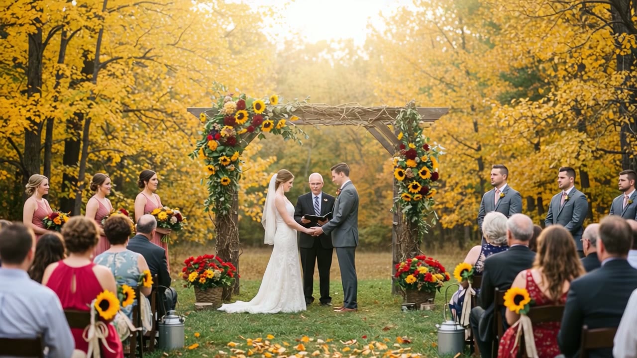 Outdoor wedding ceremony surrounded by autumn trees
